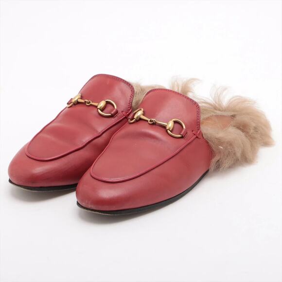 Gucci Shoes - Gucci  Princetown Leather Slip On Flat Mules with Fur Red Women's Size EU 39.5